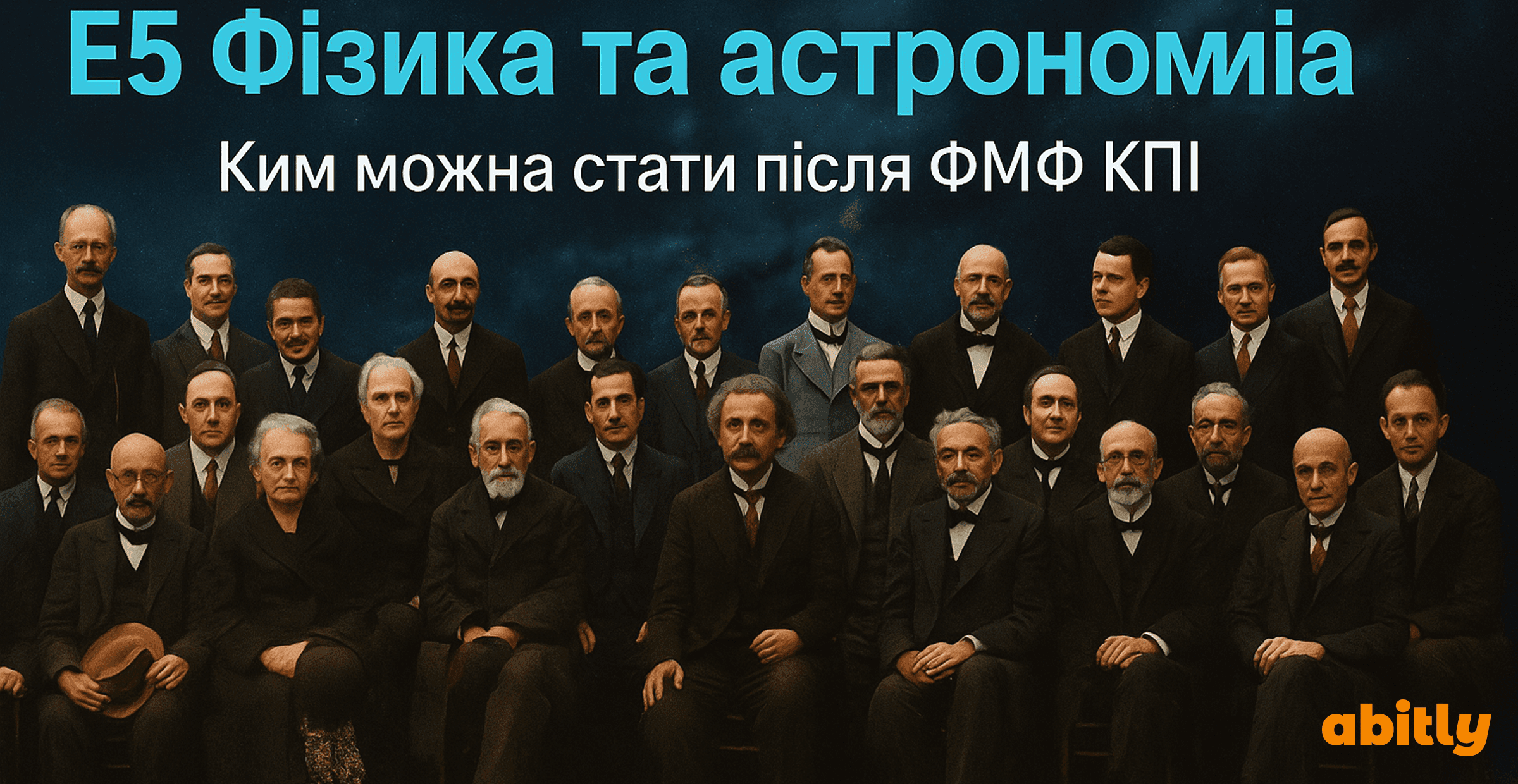 Колаж із фотографією історичної групи відомих фізиків та астрономів із текстом про спеціальність Е5 та можливості працевлаштування після ФМФ КПІ.