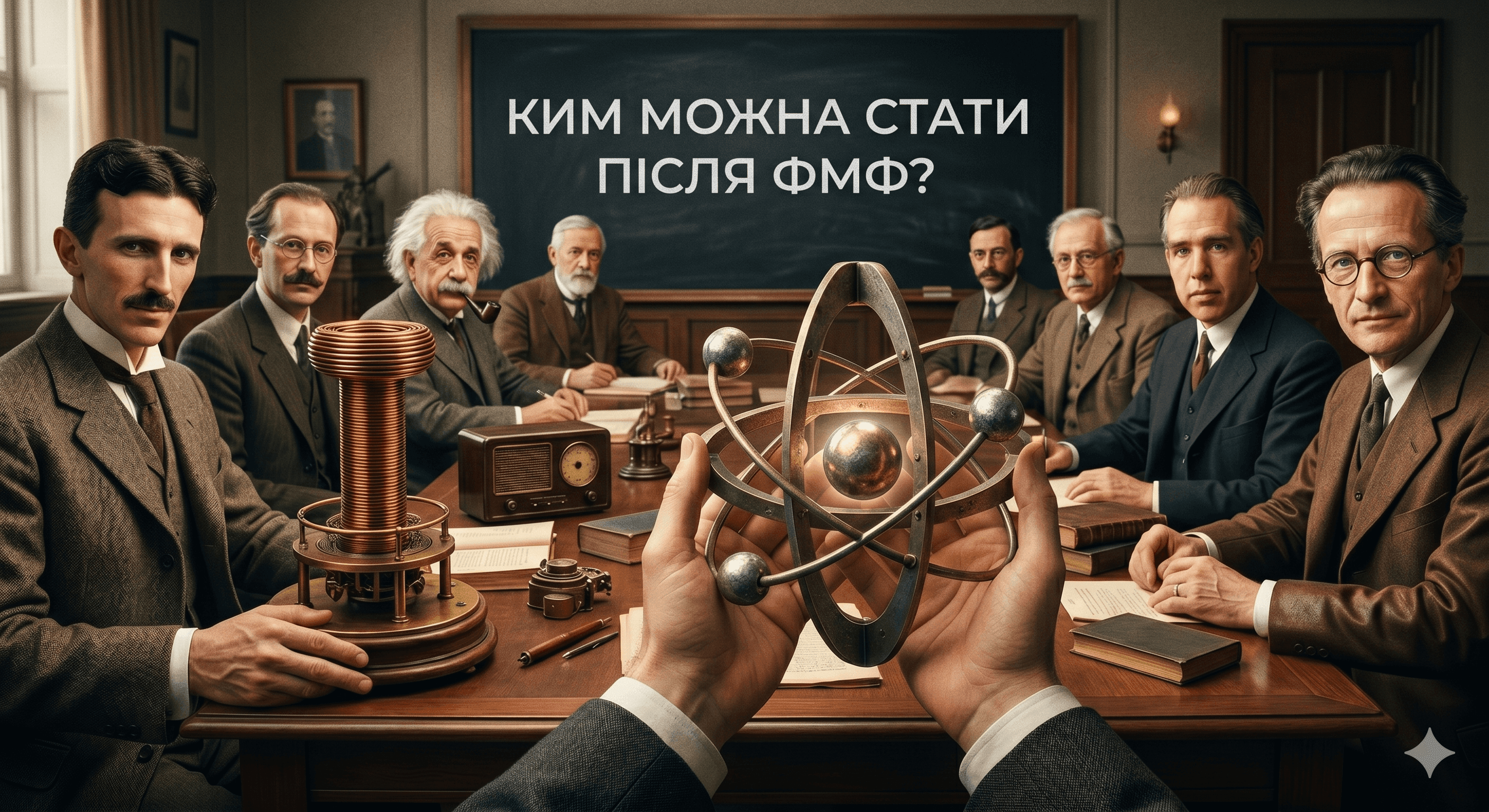 Колаж із фотографією історичної групи відомих фізиків та астрономів із текстом про спеціальність Е5 та можливості працевлаштування після ФМФ КПІ.