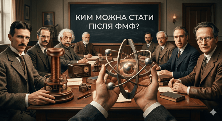 A collage with a historical photograph of famous physicists and astronomers, and text about specialty E5 and the career options after FMF KPI.
